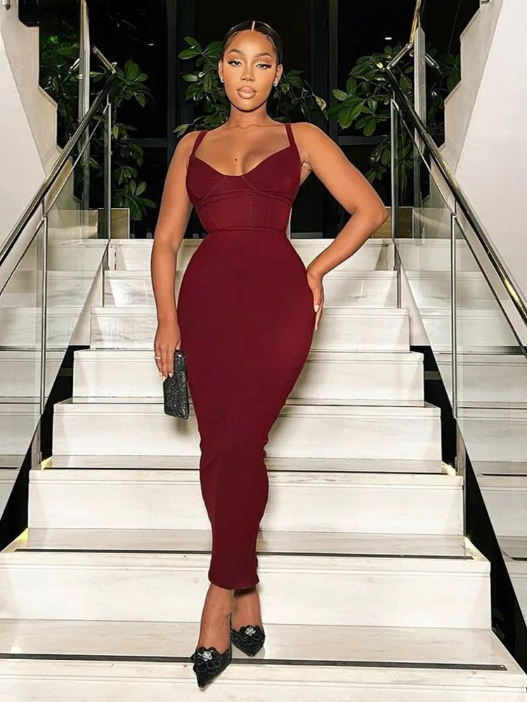 

Solid Knitted Maxi Dress Women Elegant Spaghetti Strap Low V-Neck Body-Shaping High Waist Robe Partywear Female Vestidos