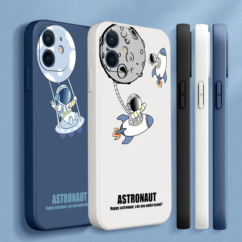 

For iPhone 11 12 13 Pro Mini Max 6 6s 7 8 Plus SE 2020 XR X XS Max Creative Astronaut Liquid Silicone Phone Cases Funda Coque