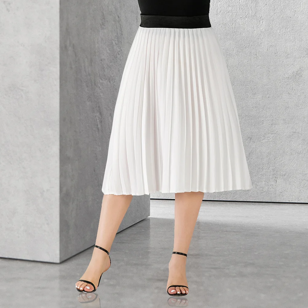 Plus Size Women's Clothing Fashion Casual Loose and Thin Pleated Solid Color Mid-length Ladies Half-length A-line Skirt L-4XL