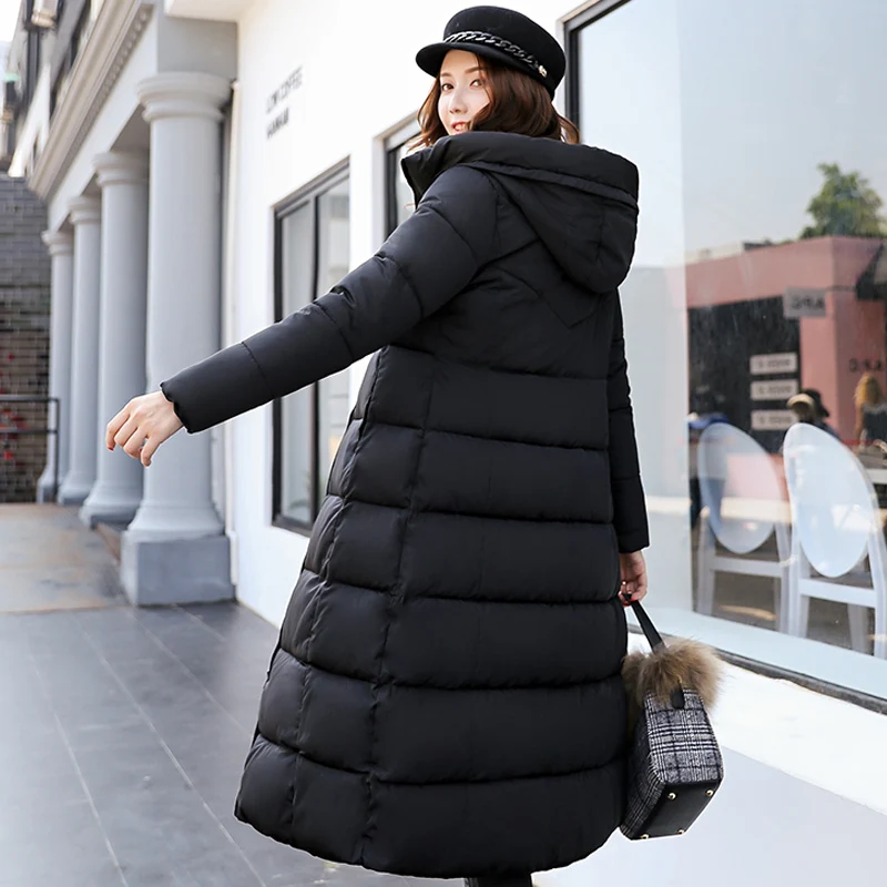 Winter Long Parkas Jackets Women 2022 Thicken Warm Hooded Padded Jackets Knee Lenght Casual Solid Cotton Coats Female OutWear