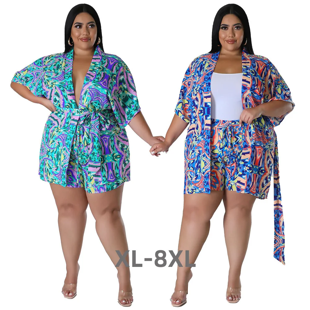 Plus Size Big Size Summer Holidays Woman Two Pieces Set Multicolored Printing Long Sleeves Shirt Sash Fashion 3xl 4xl 5xl 6xl