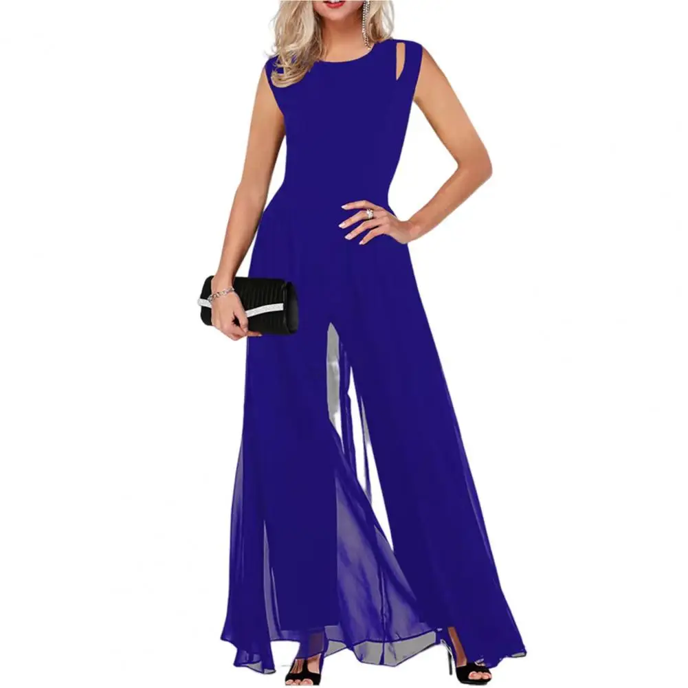 O-Neck Sleeveless Hollow Out Waist Tight Women Jumpsuit High Waist Net Yarn Wide Leg Work Playsuit Streetwear