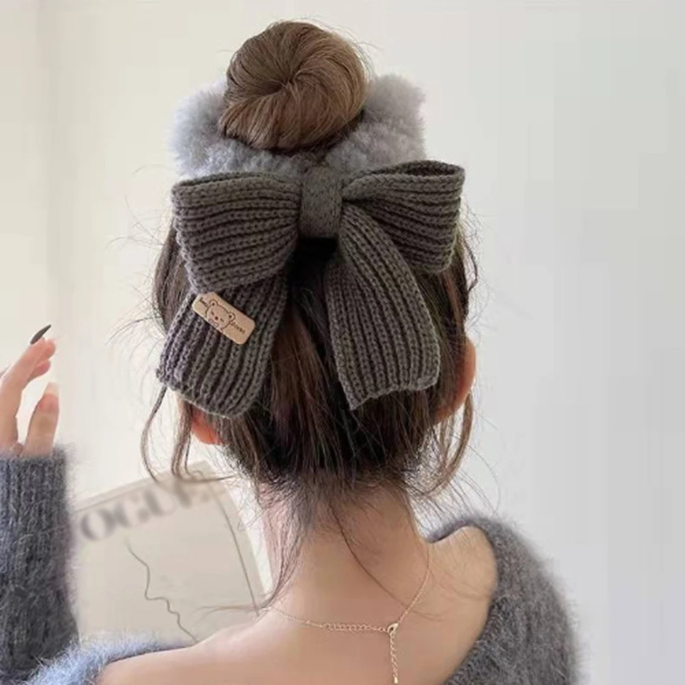 

Fashion Colored Knitted Bow Plush Hair Ties Winter Women High Elastic Ponytail Holder Hair Rope Scrunchie For Kids Teens