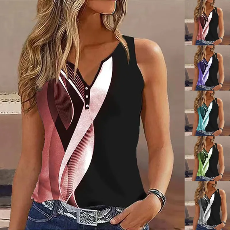 

Women's Shirt Summer New Fashion V-neck Abstract Print Sleeveless Undershirt Tops Female