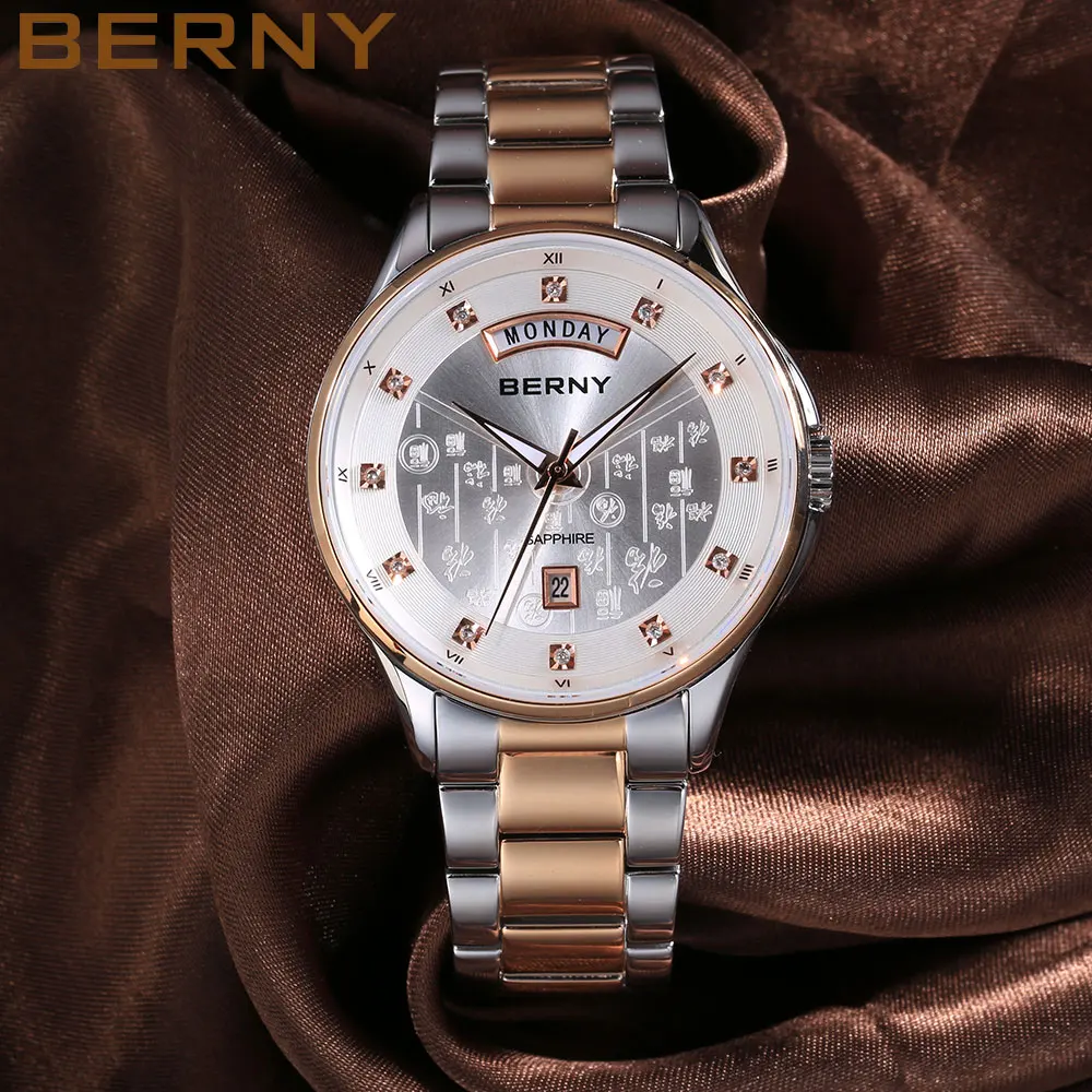 BERNY Quartz Men's Watch Business Wristwatch Day-Date Watch Stainless Steel Sapphire Crystal Clock 3ATM Waterproof Pfaff series