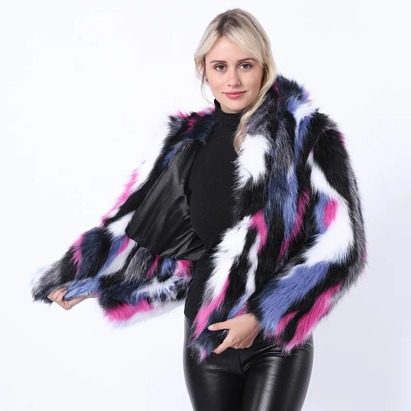 Women's Fur Jacket Mid-Length Fox Fur Colored Mosaic Fur Coat Female Furry Coat Female Faux Fur Coat