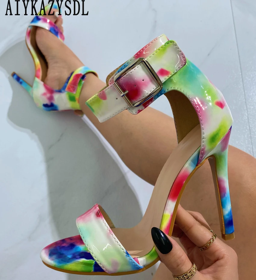 

Разноцветные радужные сандалии AIYKAZYSDL, женские туфли-лодочки на высоком каблуке, женские туфли-лодочки на ремешках, модель 40-42