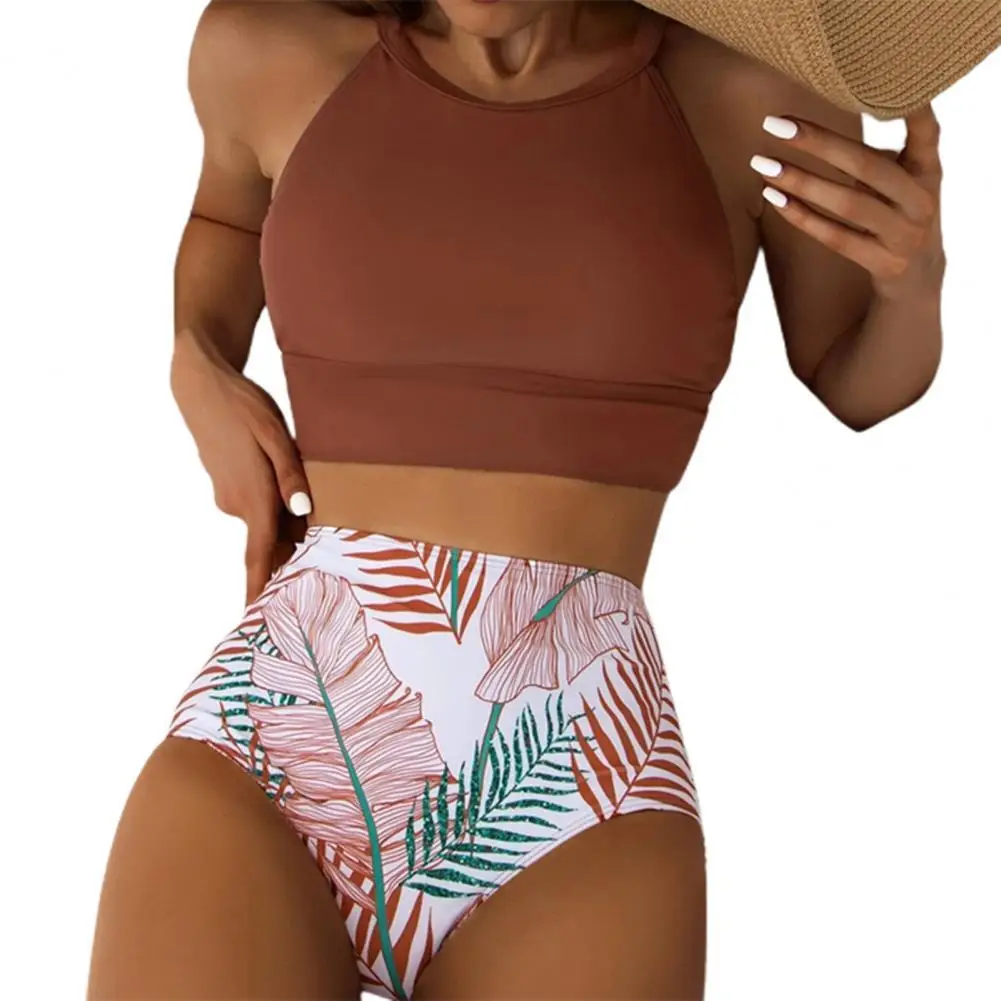 

Fashion Print High Waist Bikini Set 2 Pcs/Set Women Swimsuit High Waist Leaf Print O Neck Elastic Summer Bathing Suit for Beach