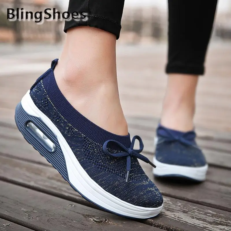 

Sneakers Women Vulcanized Shoes Spring Bowknot Knit Mesh Breathable Comfort Wedges Lady Loafers Female Footwear Chaussure Femme