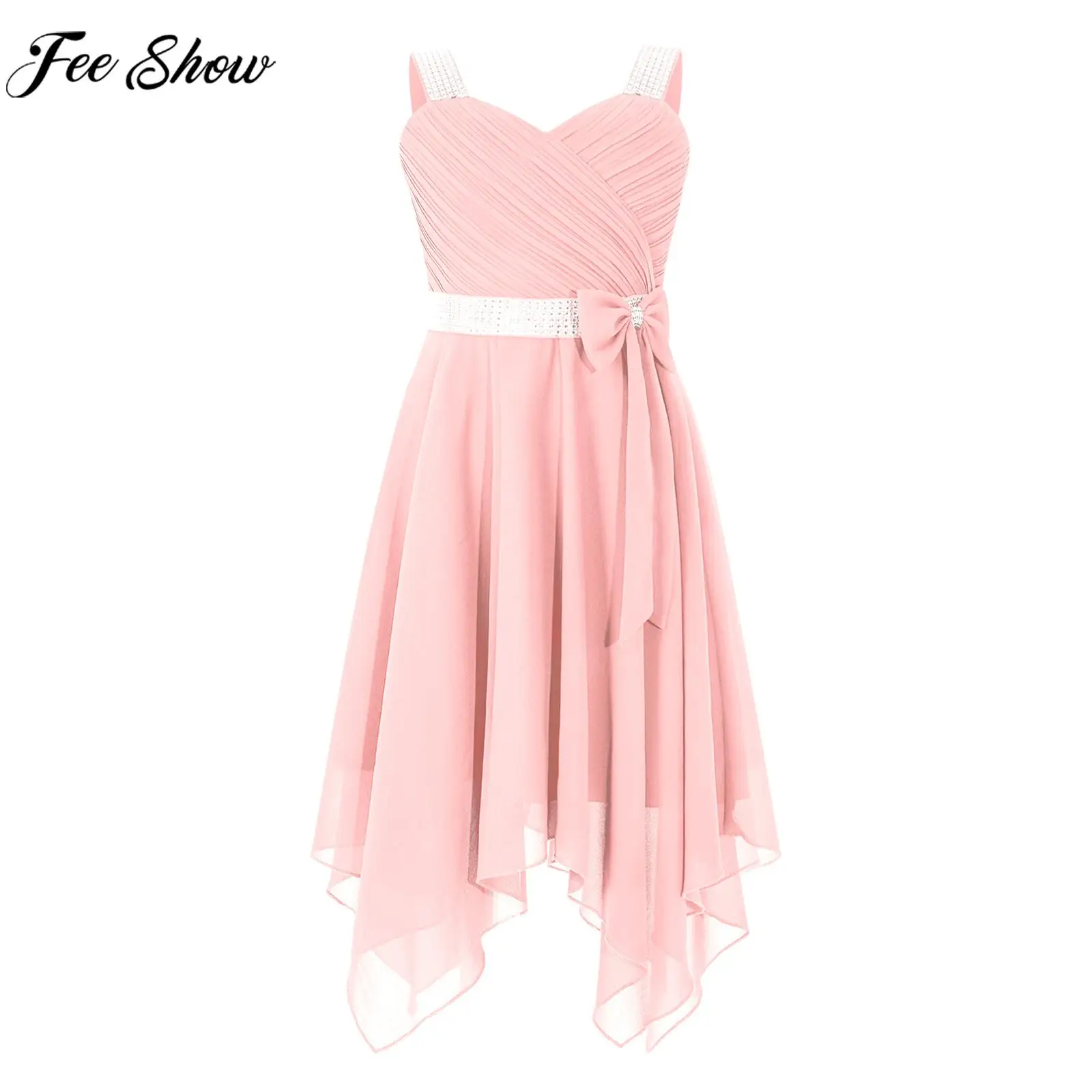 

Teens Girls Elegant Chiffon Birthday Party Dress Shiny Ruched Asymmetrical Hem Princess Dress with Sash Wedding Bridesmaid Dress