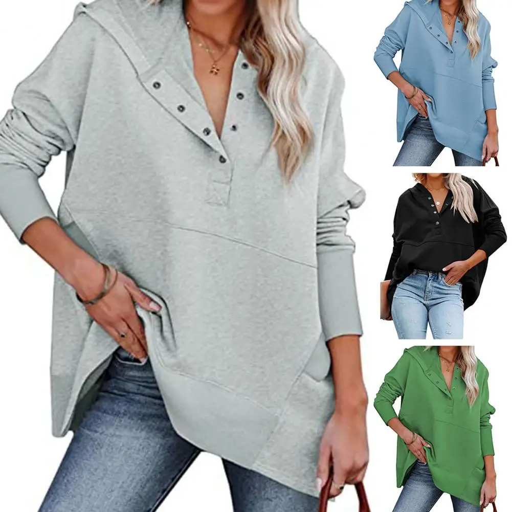 

Figure Showcasing Sweatshirts Stylish Women's V-neck Hooded Pullover Tops Casual Loose Hoodies for Autumn/winter Fashion Button
