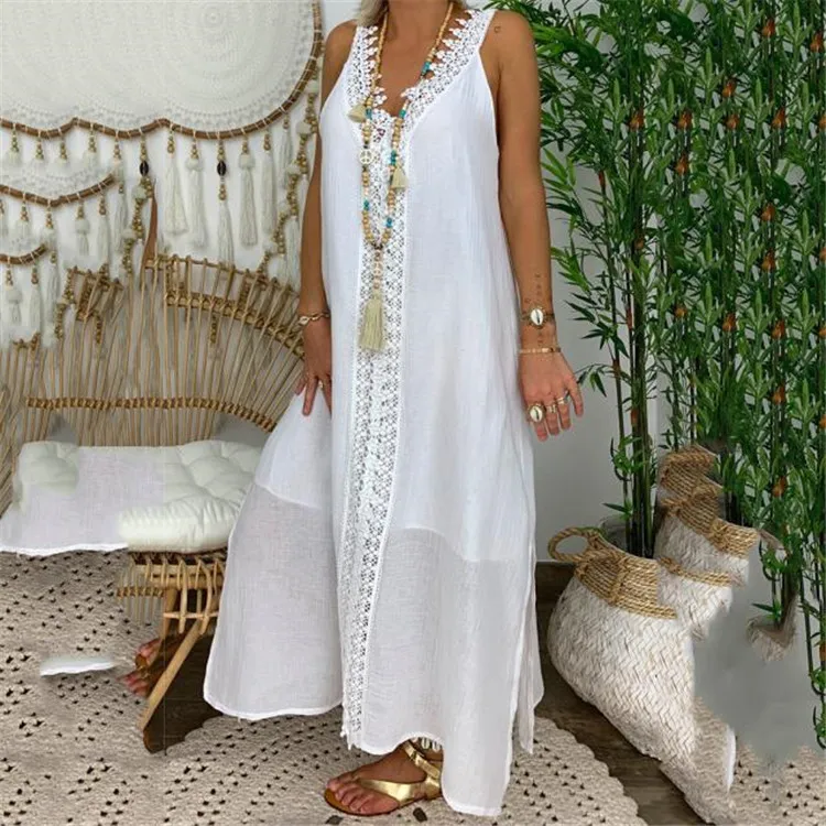 

Женское длинное кружевное платье из хлопка, белое повседневное свободное пляжное платье без рукавов с V-образным вырезом, весна-лето 2023