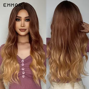 Emmor Synthetic Long Wavy Ombre Brown to Blonde Wigs Natural Wave Hair Wig for Women High Temperature Layered Daily Ombre Wig