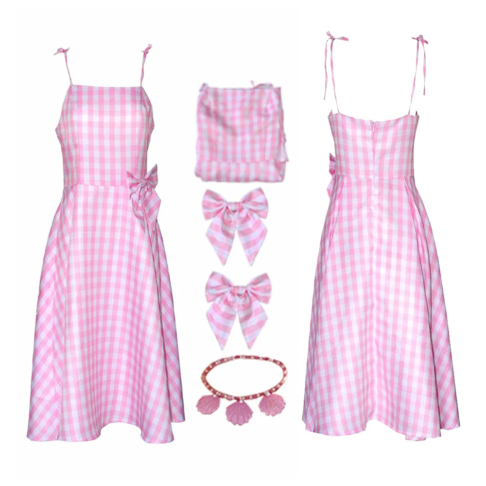 

Margot Cosplay Costume Movie Barbier Pink Plaid Skirt Long Suspender Dress Outfits Anime Girls Halloween Carnival Party Suit