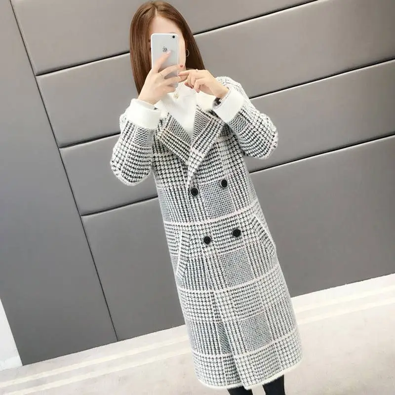 Imitation Mink Cashmere Coat Mid Long Faux Mink Velvet Jacket 2021 Winter Fall Loose Slim Thick Plaid Coat Soft Faux Fur Jackets