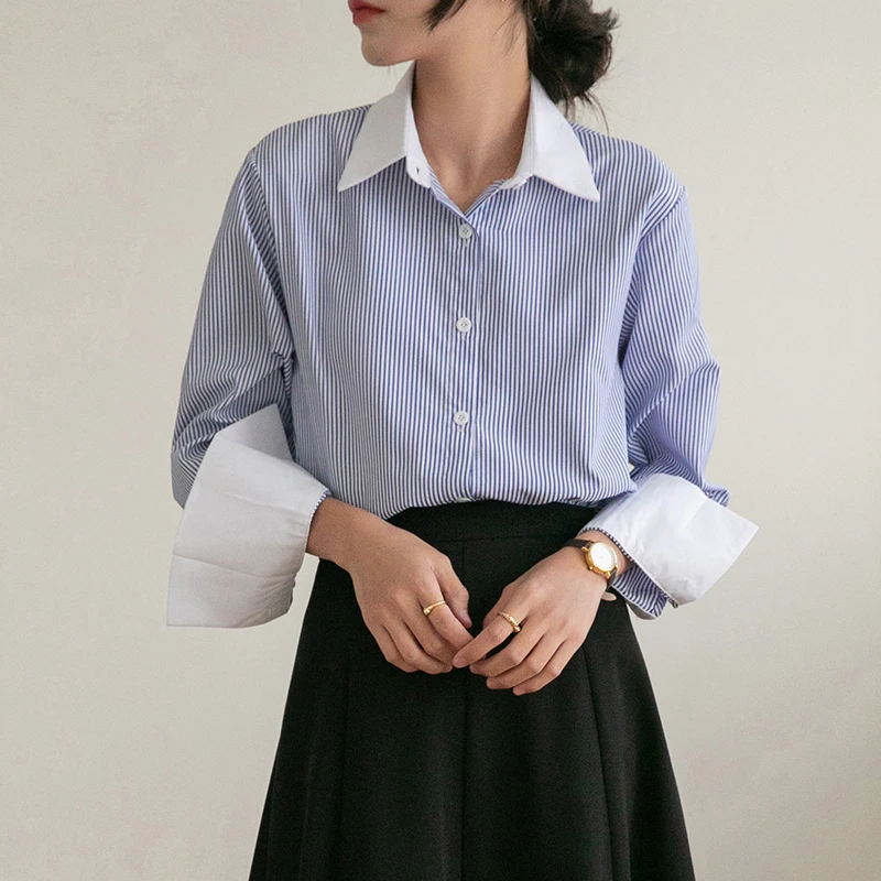 Новая корейская модная женская рубашка в полоску блузка женские топы на
