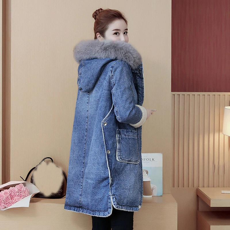 Women Mid-length Coats Big Fur Collar Denim Cotton-padded Jackets Winter New Korean Style Plus Cashmere Lamb Velvet Windbreaker