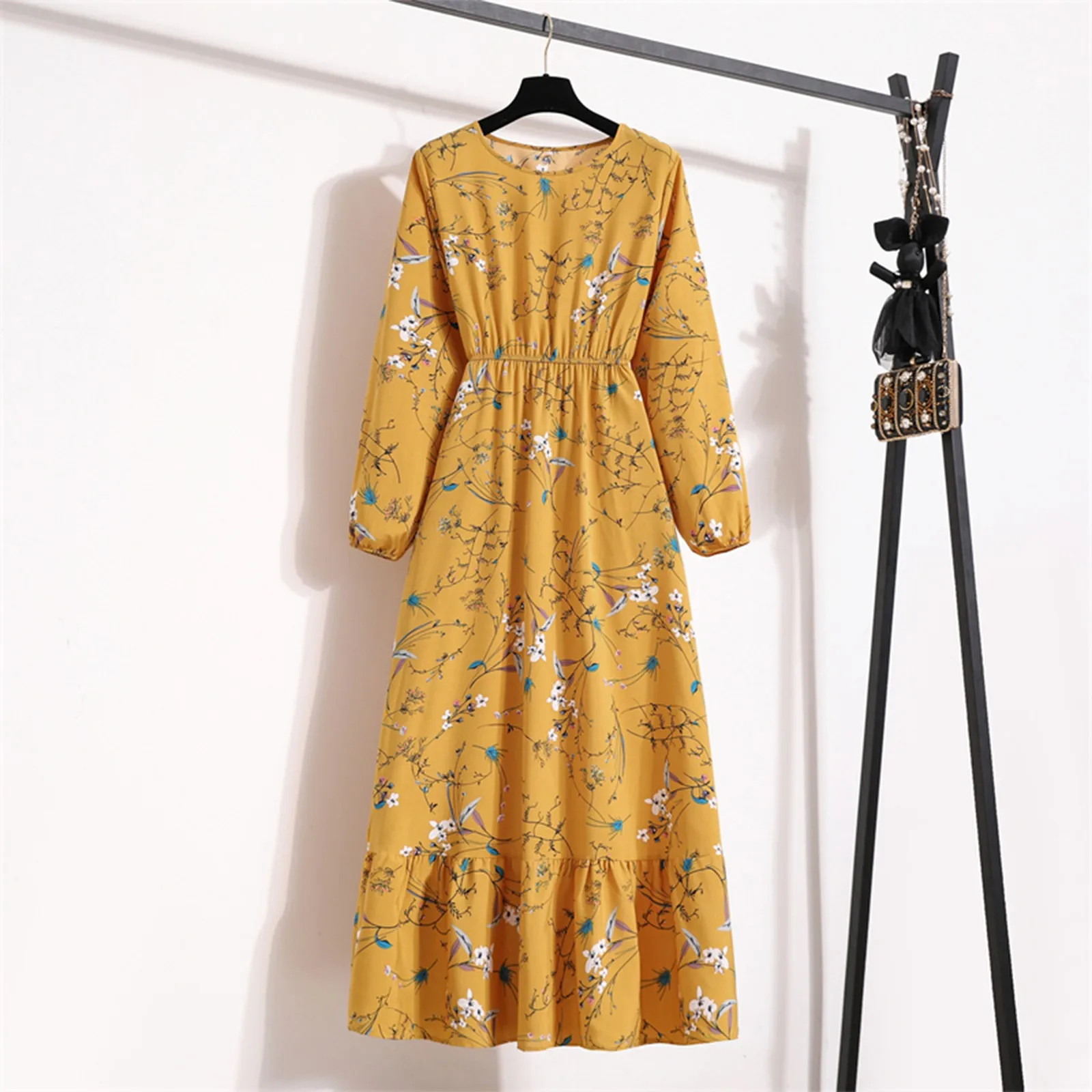 

Korean Dresses Women Shirt Vestidos Office Flower Vintage Autumn Dresses Ladies 2022 Midi Floral Long Sleeve Dress