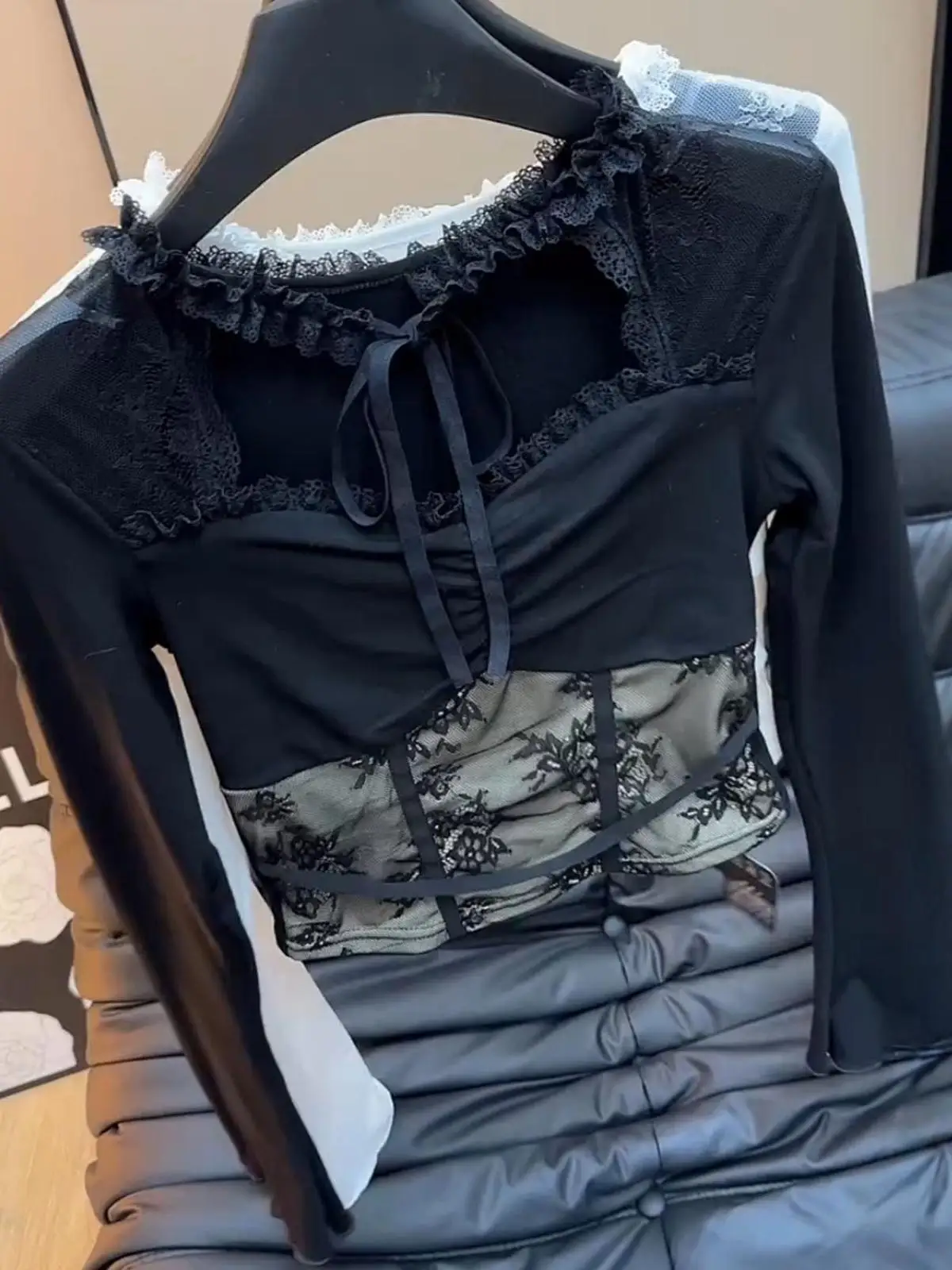 Большие размеры French sle 2024 осенне-зимняя кружевная строчка ажурный топ женская