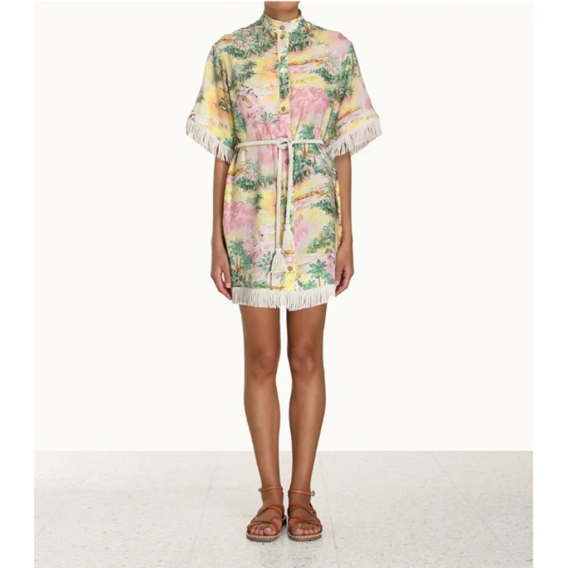 

2023 Summer Top Quality Women Fashion Linen Vintage Half High Collar Tassel Flare Sleeve Mini Dress for Daily