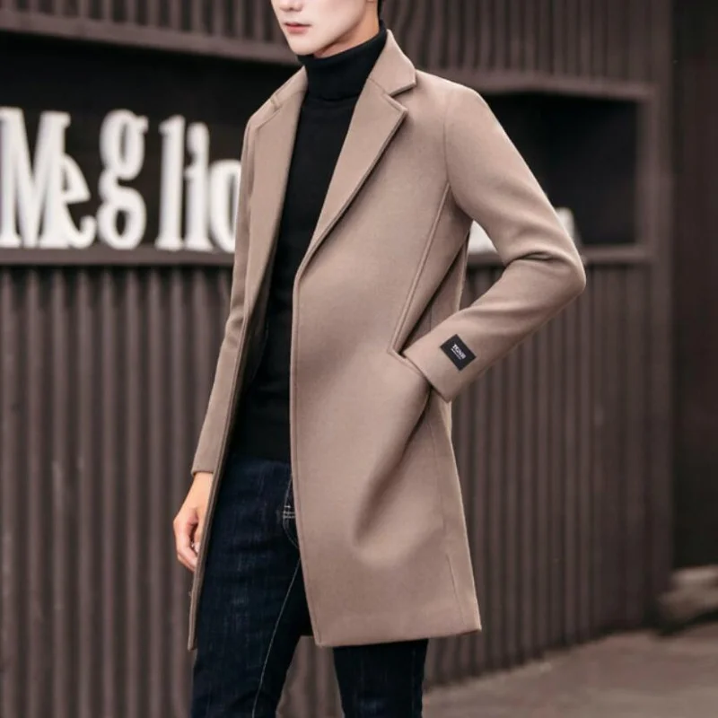 

Модная мужская шерстяная куртка, повседневный деловой Тренч, мужское пальто в британском стиле, шерстяное пальто средней длины, приталенное однотонное пальто