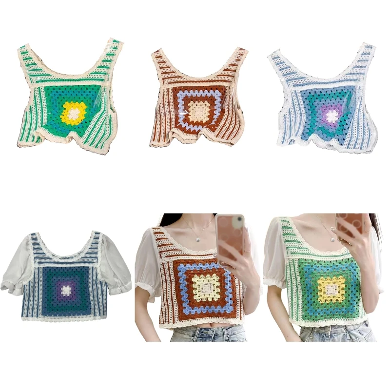 

MXMA женская шифоновая рубашка с пышными рукавами вязаный крючком цветной квадратный полосатый свитер жилет