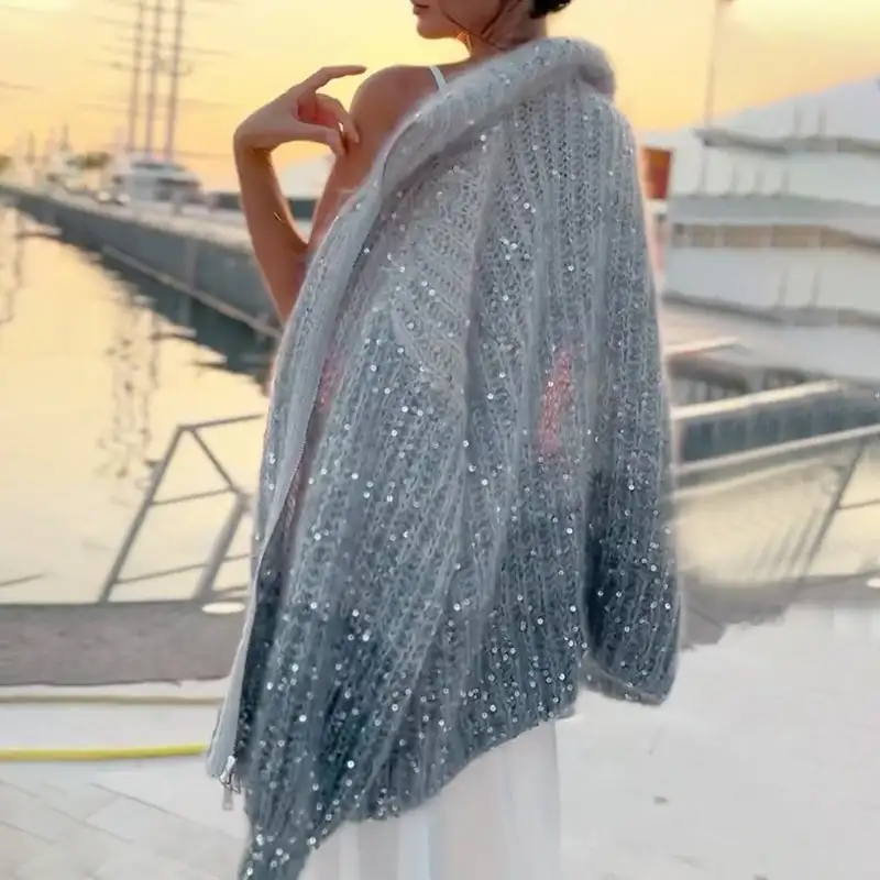 Женский вязаный свитер с однотонными блестками крючком кардиган свитера топы