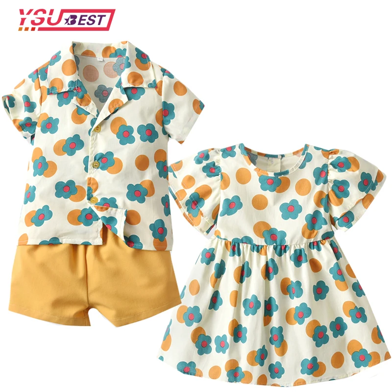 

Floral Brother and Sister Party Kids Matching Outfits Summer Boys Casual Suit+Princess Girls Tutu Dress Sets Birthday Clothes