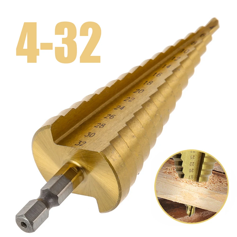 

4 -32mm Titanium Coated Metal Hex Core Drill Bits HSS High Speed Steel Step Drill Bit Set Cone Hole Wood Cutter Taper Metric