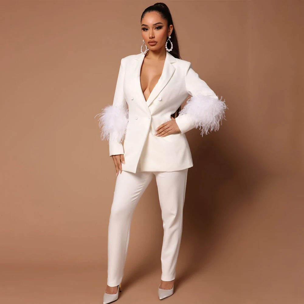 Women's  Pants Suit Long Sleeves Feather Design Two-piece Set 2023 New Spring Duble Breasted Top Pencil Trousers женские пиджаки