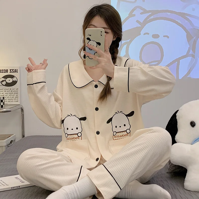 

Kawaii Cotton Pajamas Pochacco Sanrios Anime Soft Warm Wearable Lapel Cardigan Long Sleeve Casual Breathable Cartoon Set Gifts