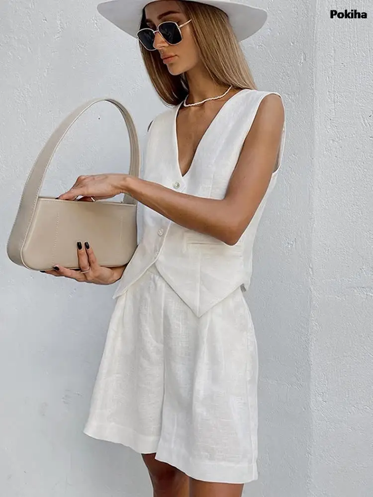Linen Waistcoat Shorts Sets Women Elegant Sleeveless Single Breasted Top Two Piece Set Womens 2023 Summer Lady Tank Set Casuals