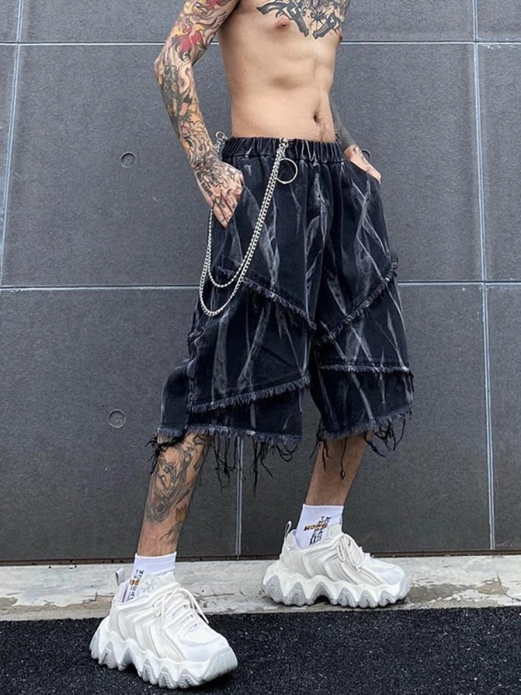 

Gothic Dark Denim Shorts for Women Loose Half Pants Men's High Street Personality Raw Edge Sports Leisure Shorts Punk Streetwear