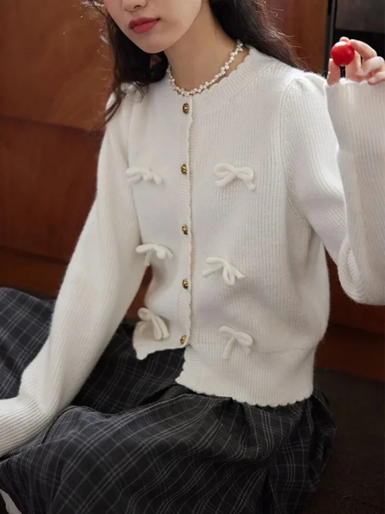 Женский Винтажный Белый Кардиган С Бантом Вязаная Куртка В Консервативном Стиле