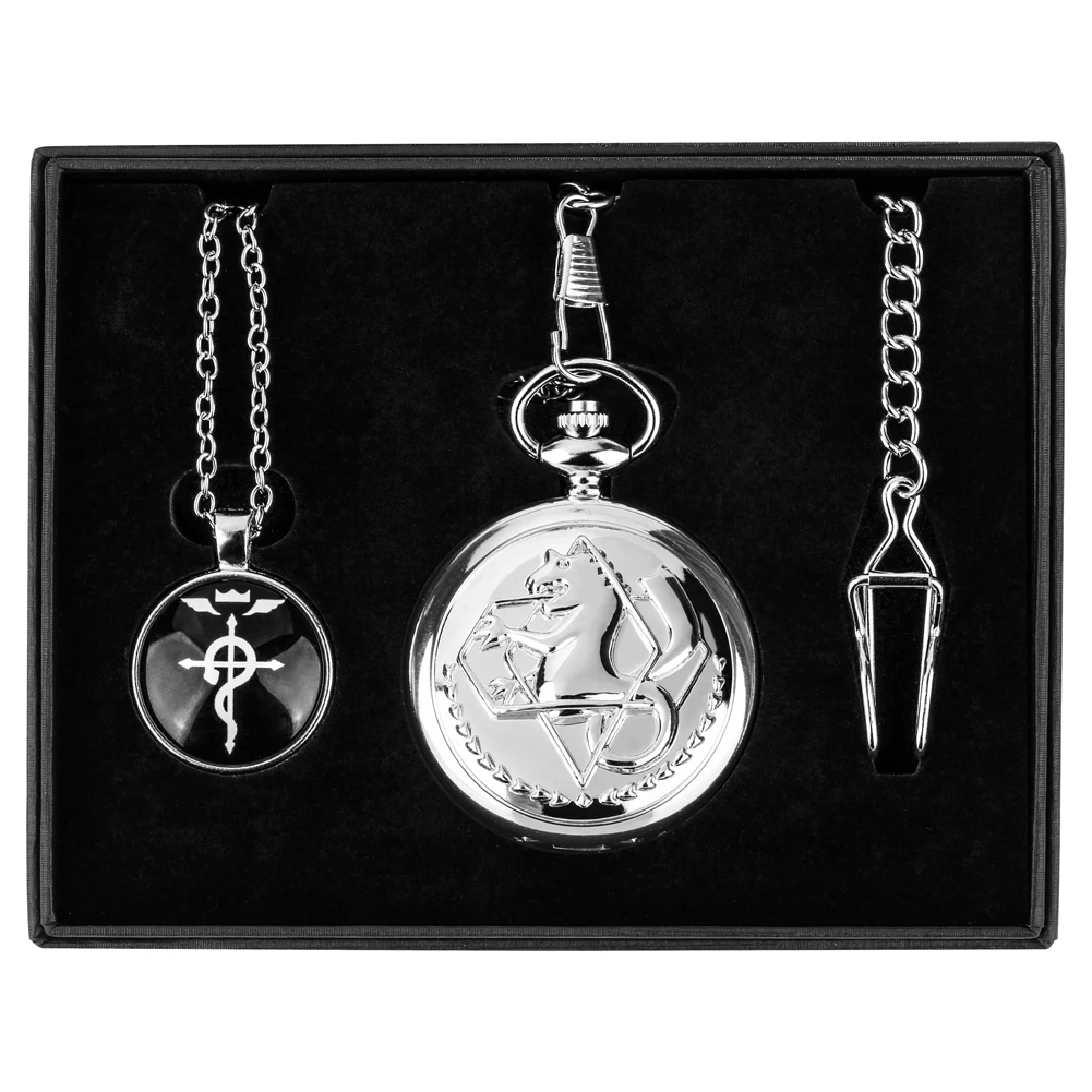 Vintage Pocket Watch Retro Silver Tone Fullmetal Necklace Pendant Luxury Gifts Sets for Male Anime Cosplay Clock Montre De Poche