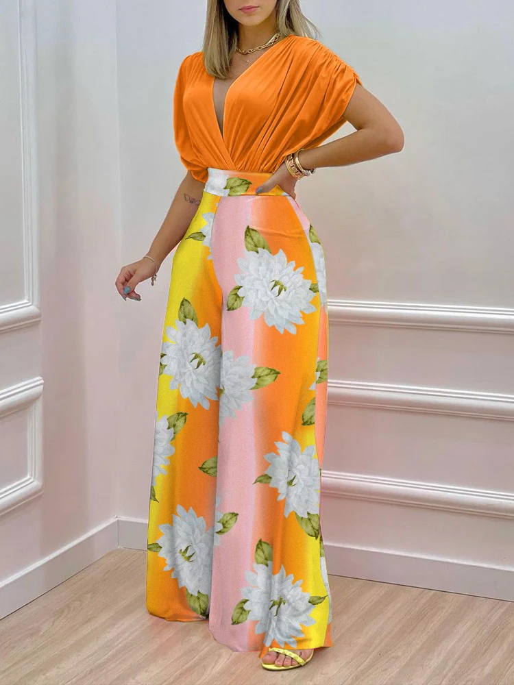

Summer Sexy V Neck Wide Leg Pants Suit Women's Fashion Solid Color Top Printed Print Straight Pant Suits Casual Women Office Set