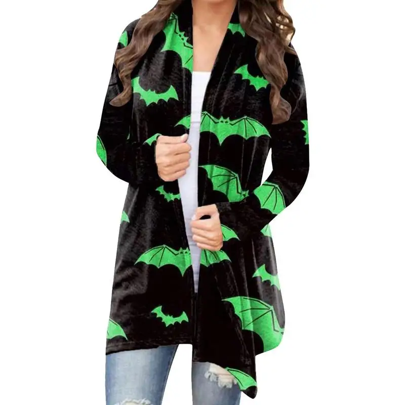

Long Sleeve Cardigan For Women Bat Pattern Open Front Long Cardigans Machine Washable Polyester Clothes for Halloween Home