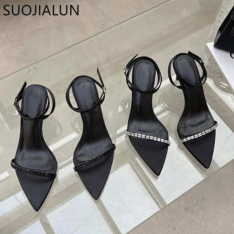 

SUOJIALUN 2023 Summer Narrow Band Women Sandal Fashion Crystal Pointed Toe Ladies Sexy Gladiator Shoes Thin High heel Dress Pump