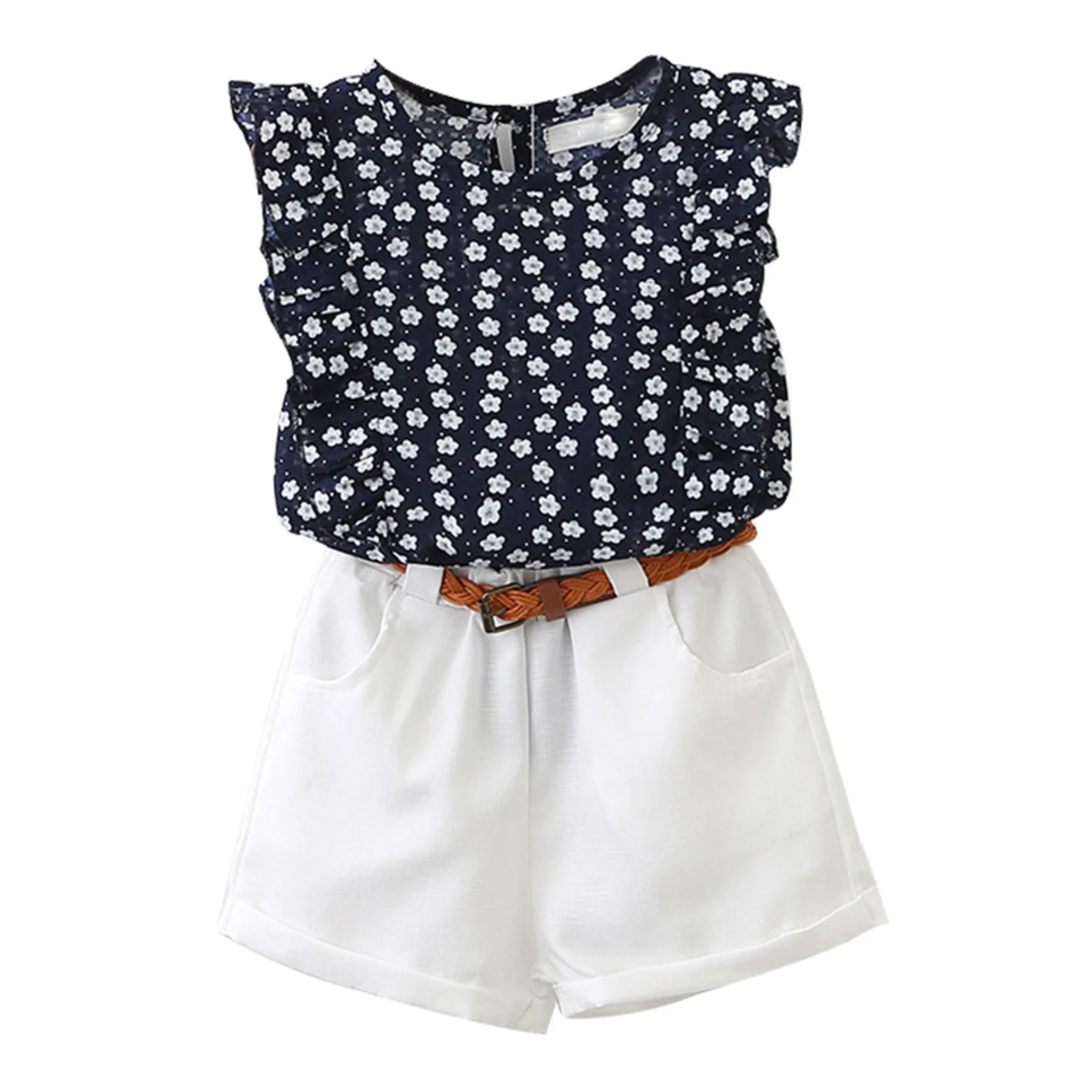 

Patchwork 2PCS Blouse+ Clothes Matching Set Floral Sleeveless Shorts Summer School Shirts for Teen Girls Clothes for Babies Girl