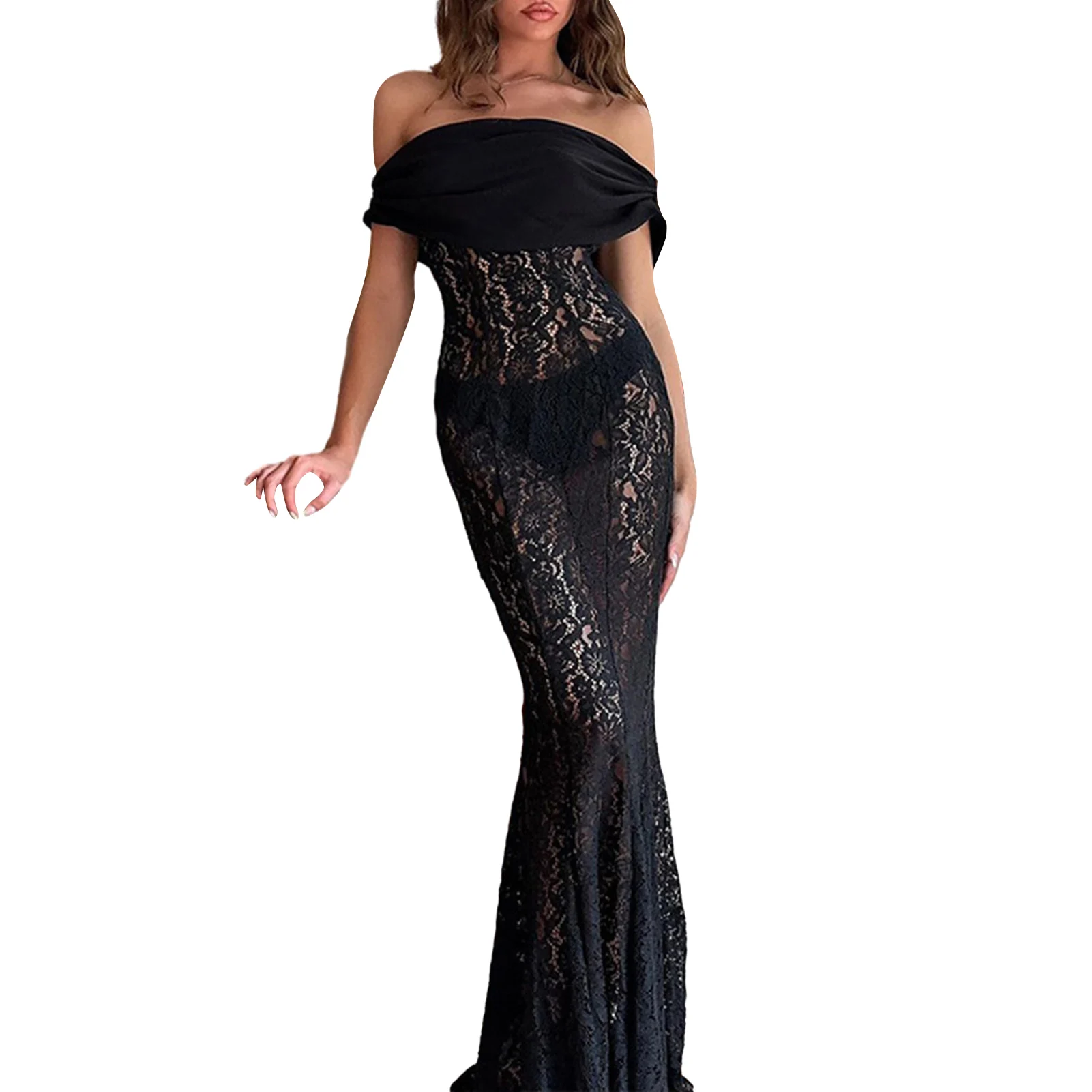 

Bodycon Dress Spicy Girl Women Lace Long Sleeve Dress Solid Color Tunic Long Dress Vintage Style Slash Neck Vacation Outfit