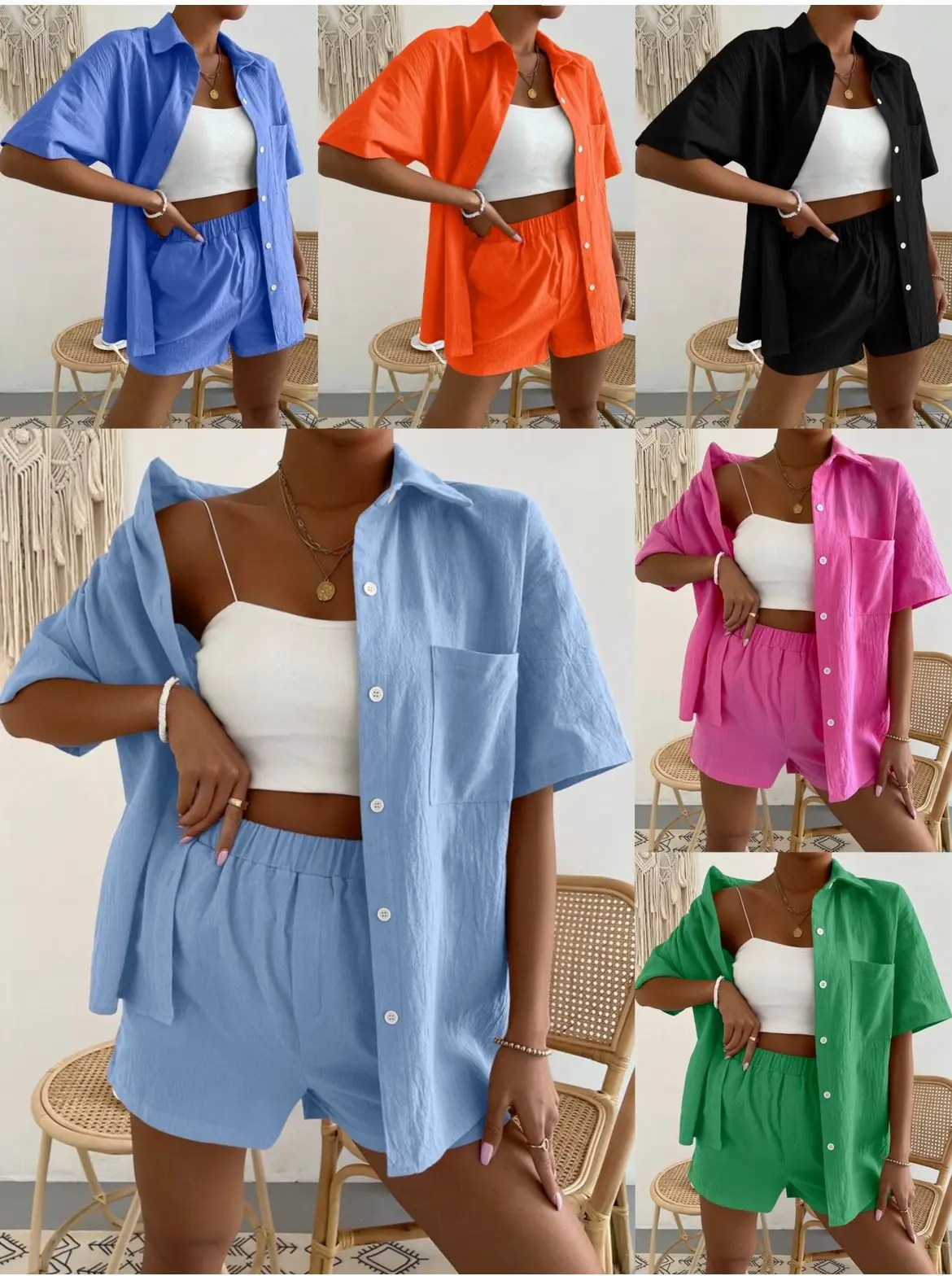 

Женский хлопковый комплект из двух предметов, Повседневная рубашка, топ и шорты для отпуска, пляжные джоггеры, спортивный костюм, 2023