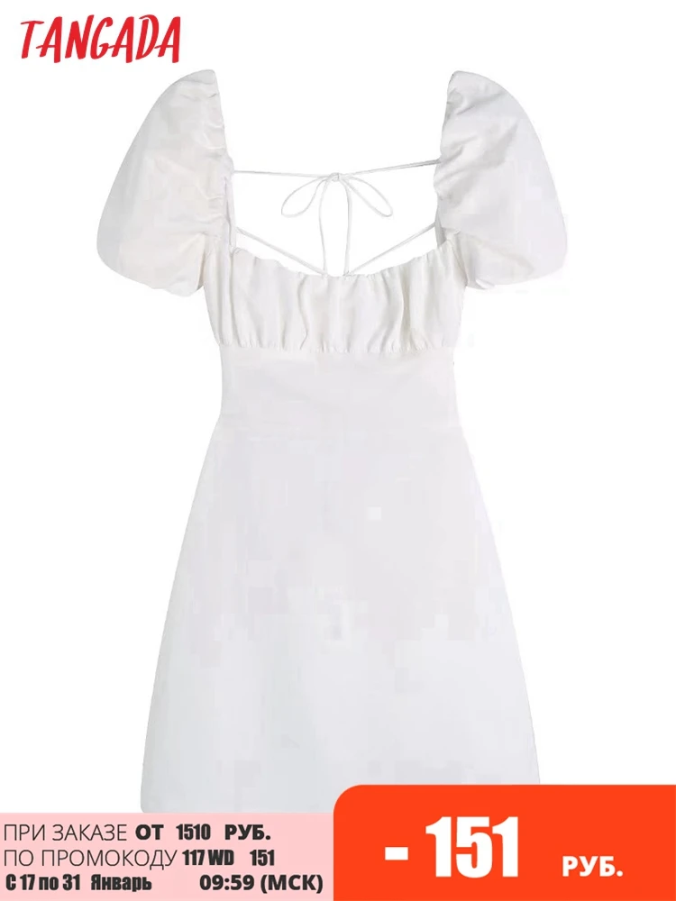 

Tangada 2022 Summer Women White Cotton Dress Backless Puff Short Sleeve Ladies Sundress 3H204