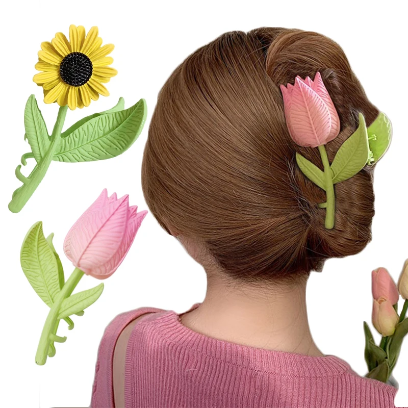 

Trendy Sunflower Tulip Hair Clip Women Girls Flower Metal Hair Crab Claw Back Headband Hairpin Barrette Fashion Head Accessories