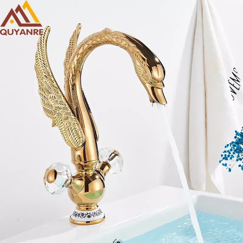 

Brass Gold Black Swan Basin Faucet Deck Mounted Bathroom Faucet Hot and Cold Water Mixer Tap Bath Water Faucet Basin Faucet Taps
