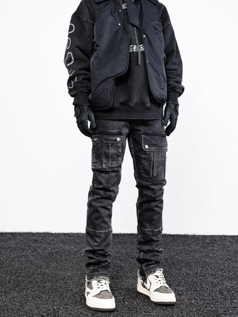 Retro Washed Denim Jeans Mens Bottom Zipper Jean Trousers with Pockets Hip Hop Fashion High-street Slim Fit Pants Joggers Jeans