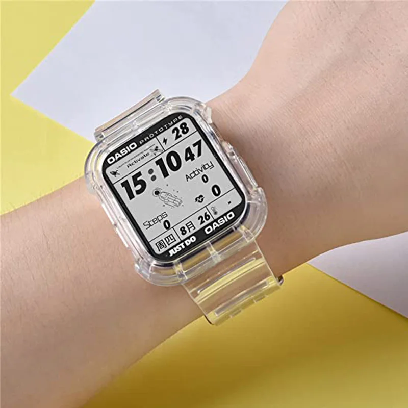 Clear Band + Case for Apple Watch Series 8 7 6 SE 5 49mm 45mm 44mm 42mm 41mm Transparent Plastic for iwatch 4 3 38mm 40mm Strap