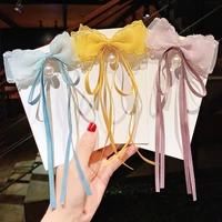 pretty color lace girls hair clips fresh bow artificial pearl long ribbon kids princess duck hairpins ornaments accessories