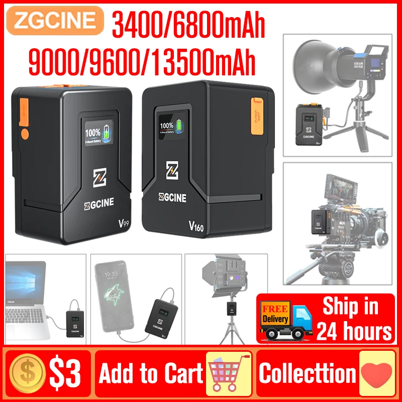 

ZGCINE ZG-V99 ZG-V160 ZG-S150 ZG-S200 V Mount Battery V-Lock Lithium Battery Pack Auxiliary Battery Capacity for Cameras Phones