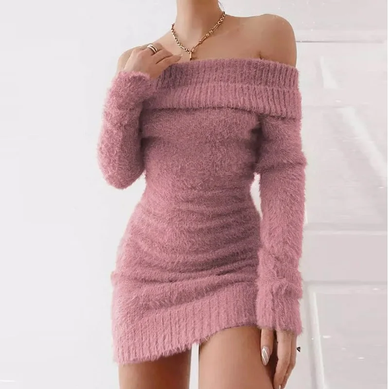 

Sexy Slash Neck Off Shoulder Slim Mini Dress Ladies Elegant Long Sleeved Fleece Sweater Dress Autumn Solid Sheath Knitting Dress