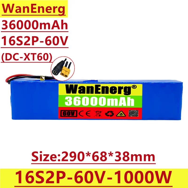 

16s2p lithium ion battery pack, 60V / 67.2v 36000mah 1000W, for bicycles and electric cars, with BMS charging protection